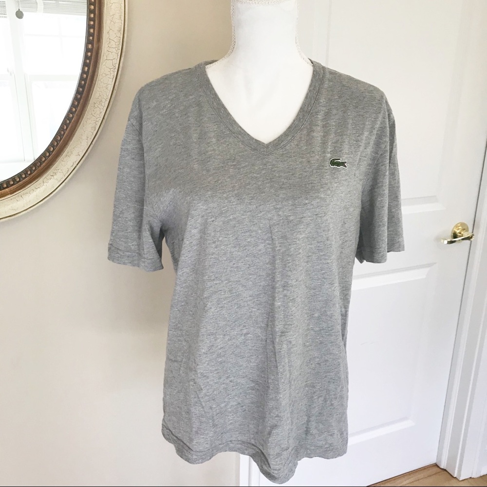 Women’s Lacoste L!VE V-Neck Gray T-Shirt, 6 / Med